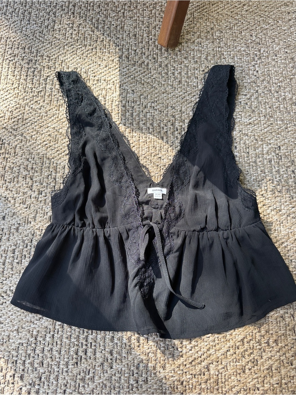Garage Black Lace-Trim Tie-Front Peplum Camisole